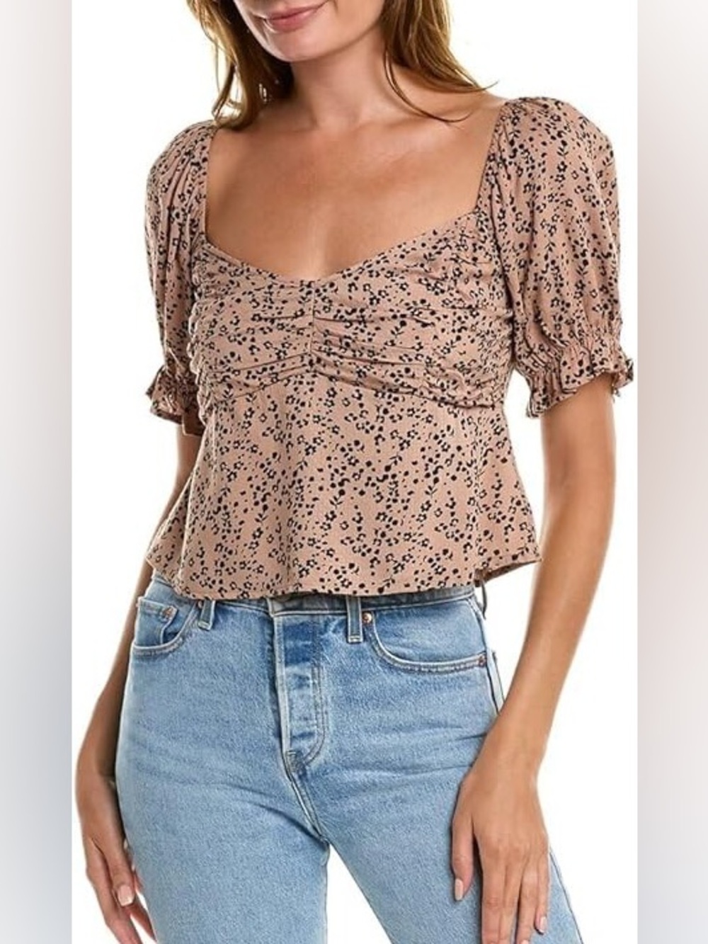saltwater LUXE Beige Floral Puff-Sleeve Square-Neck Top